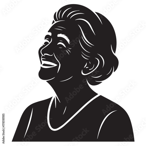 Silhouette of an elderly woman laughing isolated on white background