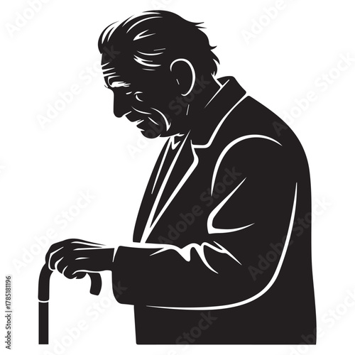 Silhouette of an elderly man with a cane isolated on white background