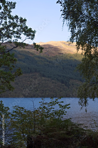 Evening light on Ben Lomond and Loch Lomond from Firkin Point, a viewpoint at OS map ref NN 338 007 on the A82 road on the west side of Loch Lomond, Argyle and Bute, Scotland.