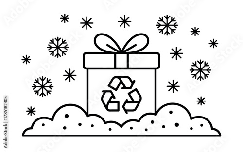 A gift box with a recycling symbol sits in the snow surrounded by snowflakes.