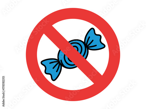 A red prohibition sign is placed over a blue candy, indicating a ban on sweets.