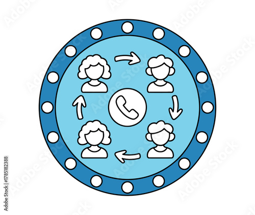 A circular diagram illustrates people communicating via a central telephone icon within a network.