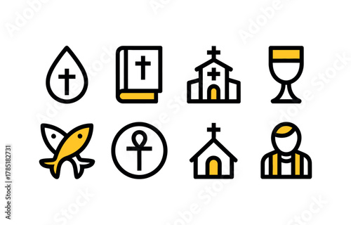 A collection of Christian religious icons, including a cross, Bible, church, chalice, fish, ankh, and clergyman.
