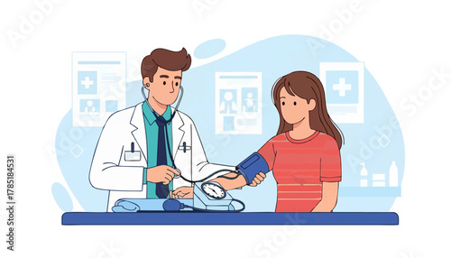 A doctor checks a patient's blood pressure using a stethoscope and cuff in a clinic setting