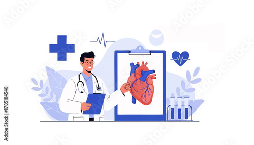 A doctor points at a heart diagram on a clipboard. Blue cross and heart icons present