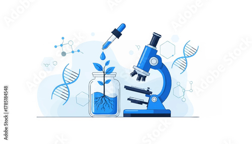 A science illustration featuring a microscope, plant in a jar, a dropper, and DNA strands