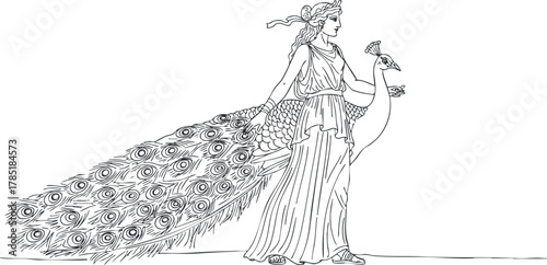 Stylized line art illustration of a goddess walking gracefully with a peacock, showcasing elegance and mythology themes.