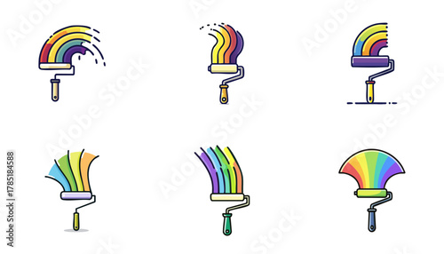 Six stylized paint roller illustrations with rainbows in various shapes and arrangements