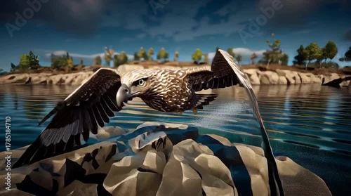 A majestic bald eagle soars through golden mountain air in a cinematic aerial scene. Dynamic motion, glowing light, and fine feather detail capture freedom and realism in breathtaking 4K clarity.