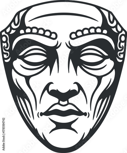Stylized black and white vector illustration of a theatrical mask, ideal for cultural and artistic projects.