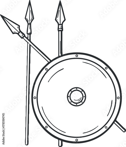 Outline vector illustration of a shield with crossed spears, suitable for historical and military-themed designs
