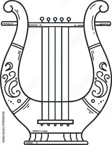 Outline vector illustration of a lyre, a classical string instrument, ideal for music-themed design and branding projects
