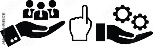 Business management concept, leadership and teamwork, hand holding people and gears, human resources support, corporate strategy, innovation, workflow, efficiency