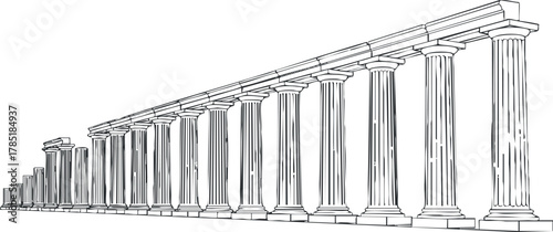 Line art illustration of ancient Greek columns in a perspective view, ideal for architectural design and historical projects