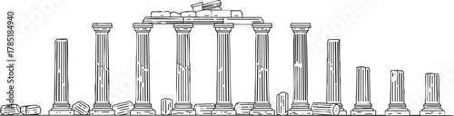 Outline vector illustration of ancient Greek and Roman columns and ruins, ideal for historical and architectural design projects