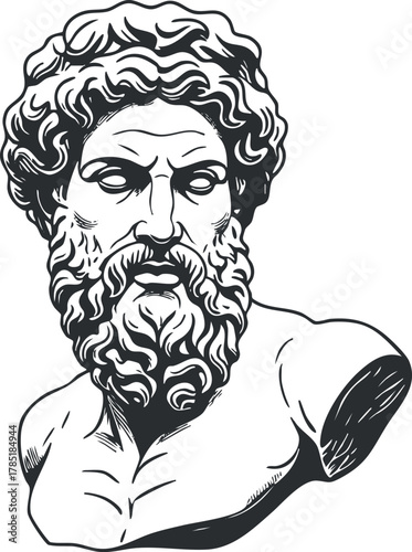 Detailed monochrome vector illustration of a classic Greek bust featuring a bearded male figure for artistic and cultural projects