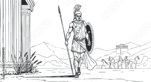 Outline vector illustration of an ancient Greek warrior in armor, walking confidently with a spear and shield, showcasing historical significance.