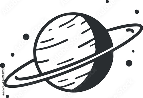 Minimalist black and white vector illustration of a planet with rings, suitable for space-themed designs and educational materials