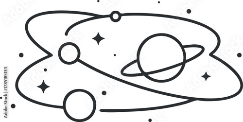 Minimalist black and white vector illustration of planets and stars in orbit, ideal for educational and design projects
