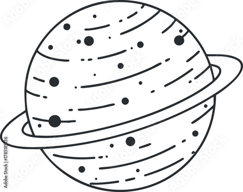 Minimalist black and white vector illustration of a planet with rings, ideal for educational and space-themed design projects