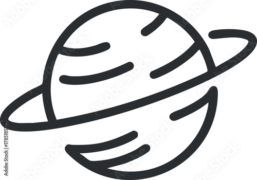 Minimalist outline vector illustration of a planet with rings, suitable for space-themed designs and educational projects