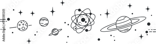Minimalist black and white vector illustration of celestial bodies and atomic structure, ideal for educational and design projects