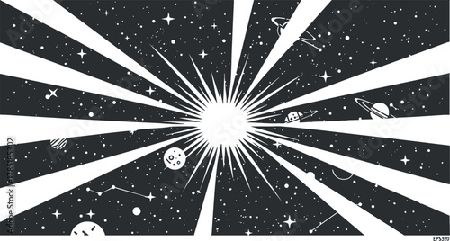Modern vector illustration of a cosmic scene featuring rays of light emanating from a central sun, surrounded by stars and planets.