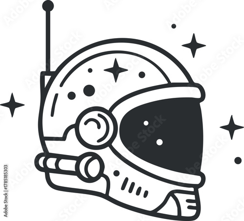 Stylized vector illustration of an astronaut helmet featuring a minimalist design with stars for space exploration themes.