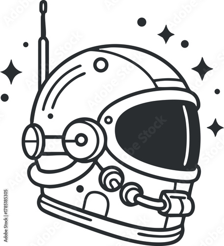 Outline vector illustration of a retro astronaut helmet with antenna and stars, ideal for space-themed designs and projects