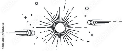 Modern vector illustration of a cosmic explosion featuring stars, comets, and radiant lines for digital design and branding projects