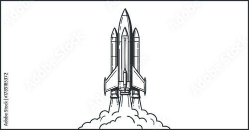 Minimalist black and white vector illustration of a rocket launching into space, ideal for technology and exploration themes.