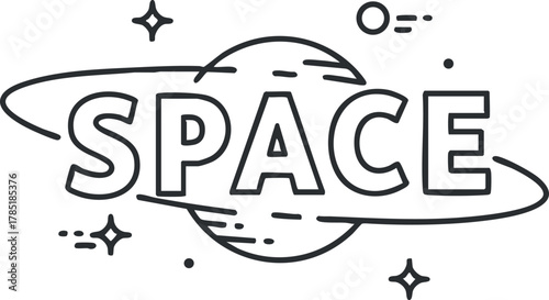 Minimalist line art vector illustration featuring the word 'SPACE' surrounded by stars and celestial elements for branding and design projects