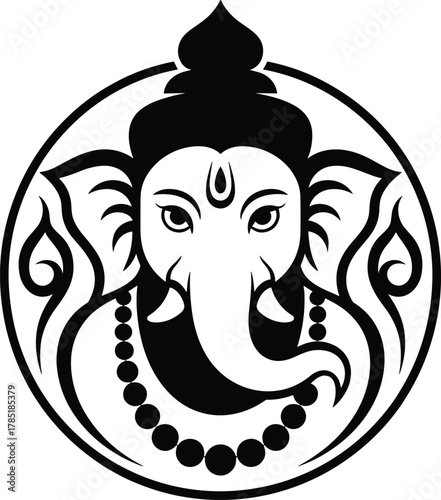 Lord Ganesha illustration, elephant god artwork, Hindu spiritual design, sacred line art, black and white ganesha logo, divine religious vector