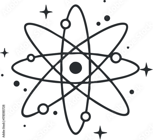 Minimalist black and white vector illustration of an atom with electrons, perfect for science and educational projects