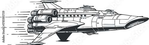 Futuristic black and white vector illustration of a spaceship in motion, ideal for science fiction and technology projects