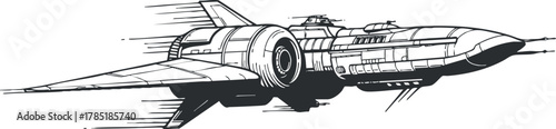 Dynamic outline vector illustration of a futuristic rocket ship in motion for sci-fi and technology design projects