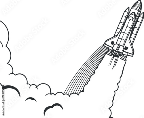 Minimalist black and white vector illustration of a rocket launching into space, ideal for technology and exploration themes.