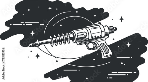 Futuristic black and white vector illustration of a laser gun set against a cosmic background for sci-fi themes and designs