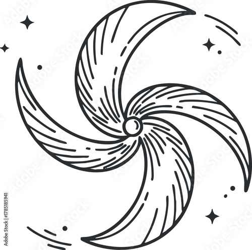 Stylized black and white vector illustration of a swirling spiral design featuring dynamic curves and decorative elements