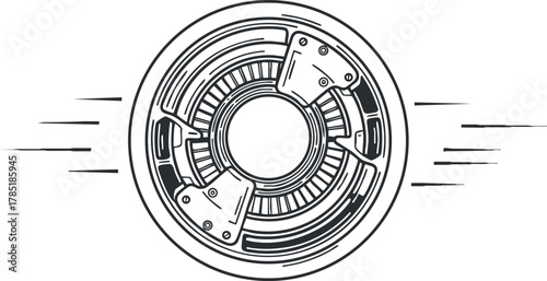Linear vector illustration of a futuristic mechanical wheel design, ideal for technology and engineering projects