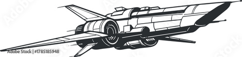 Stylized black and white vector illustration of a futuristic spaceship design for technology and science fiction projects
