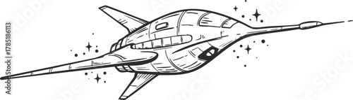 Futuristic line art illustration of a spaceship design, ideal for science fiction themes and creative projects