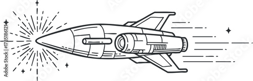 Geometric line art illustration of a rocket ship in motion, ideal for space exploration themes and design projects