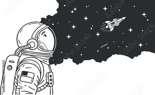 Whimsical black and white vector illustration of an astronaut gazing at a rocket in space, perfect for creative projects.