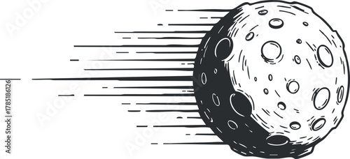 Dynamic vector illustration of a speeding moon, featuring a minimalist black and white design for space-themed projects