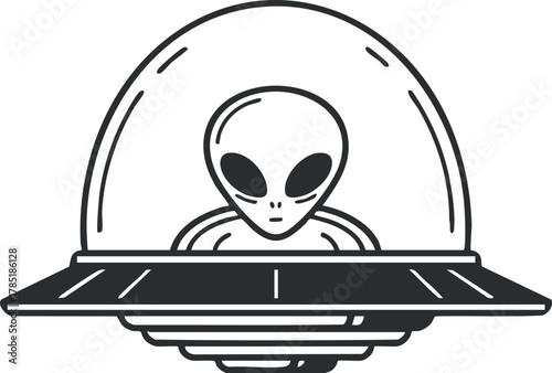 Stylized black and white vector illustration of an alien inside a UFO for science fiction and design projects