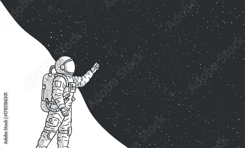 Black and white vector illustration of an astronaut reaching out to the stars in space, ideal for science and exploration themes