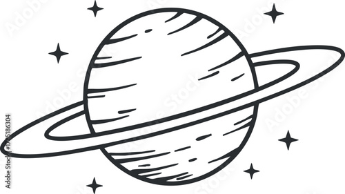 Outline vector illustration of a ringed planet in space with stars, suitable for educational and design projects