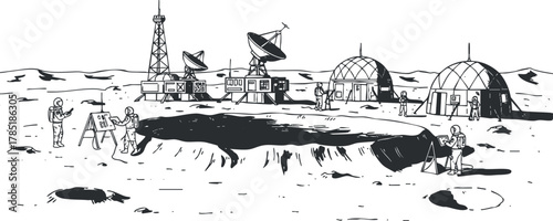 Detailed black and white vector illustration of a lunar base with astronauts, research equipment, and communication satellites for space exploration.