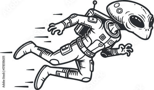 Playful black and white vector illustration of an alien astronaut floating in space, perfect for sci-fi themed designs and projects
